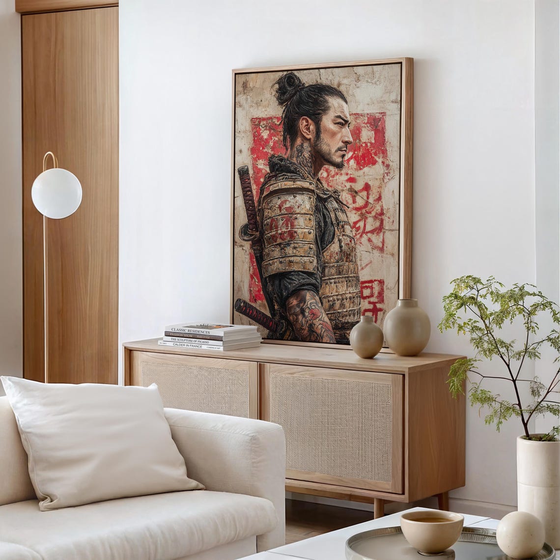 Samurai Warrior Art Print Intense Side Profile In Detailed Armor Red Accents And Textured Background For Bold Japanese Decor - Image 6