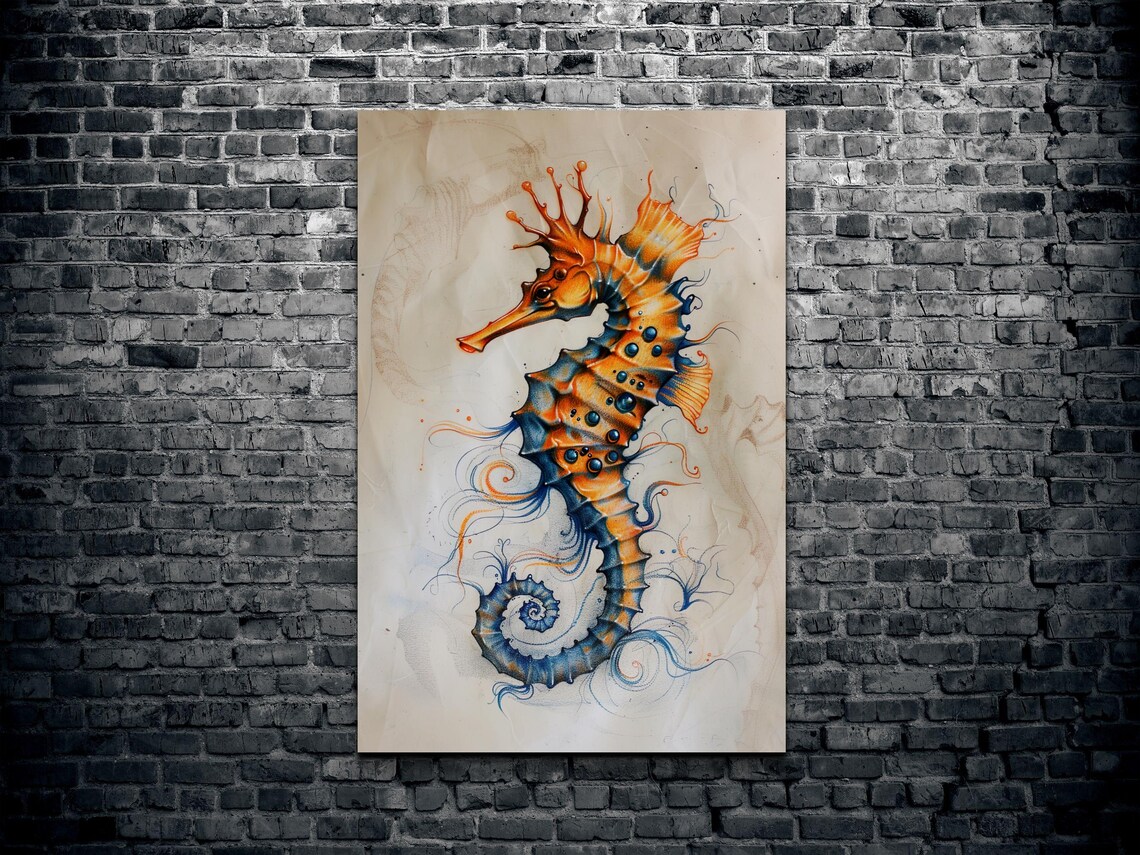 Orange and Blue Watercolor Seahorse Coastal Marine Life Poster - Image 2