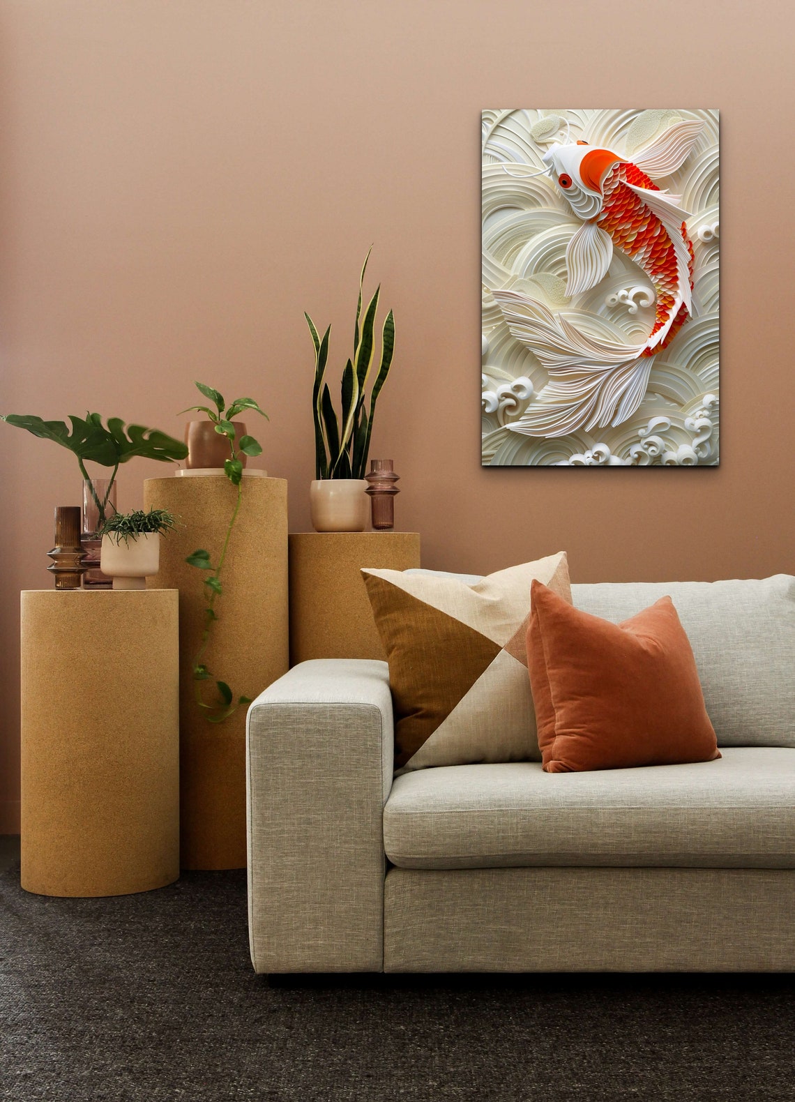Orange Koi Fish on White Waves Paper Cut Style Nature Poster - Image 7