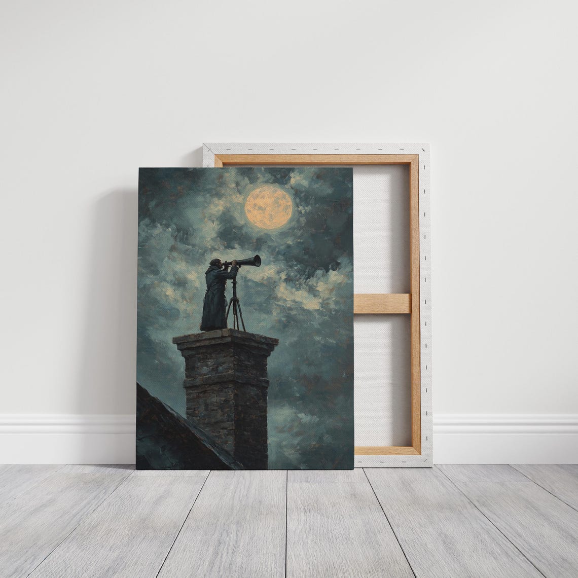 Man Telescope Rooftop Full Moon Night Sky Vintage Moody Art Poster - Image 6