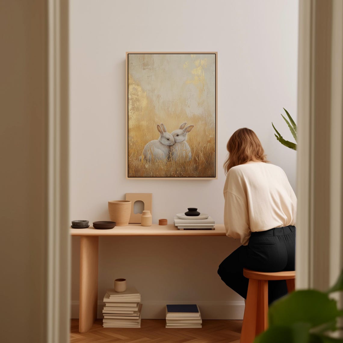 Two White Rabbits Nuzzling Together in Golden Wheat Field Glow Poster - Image 4