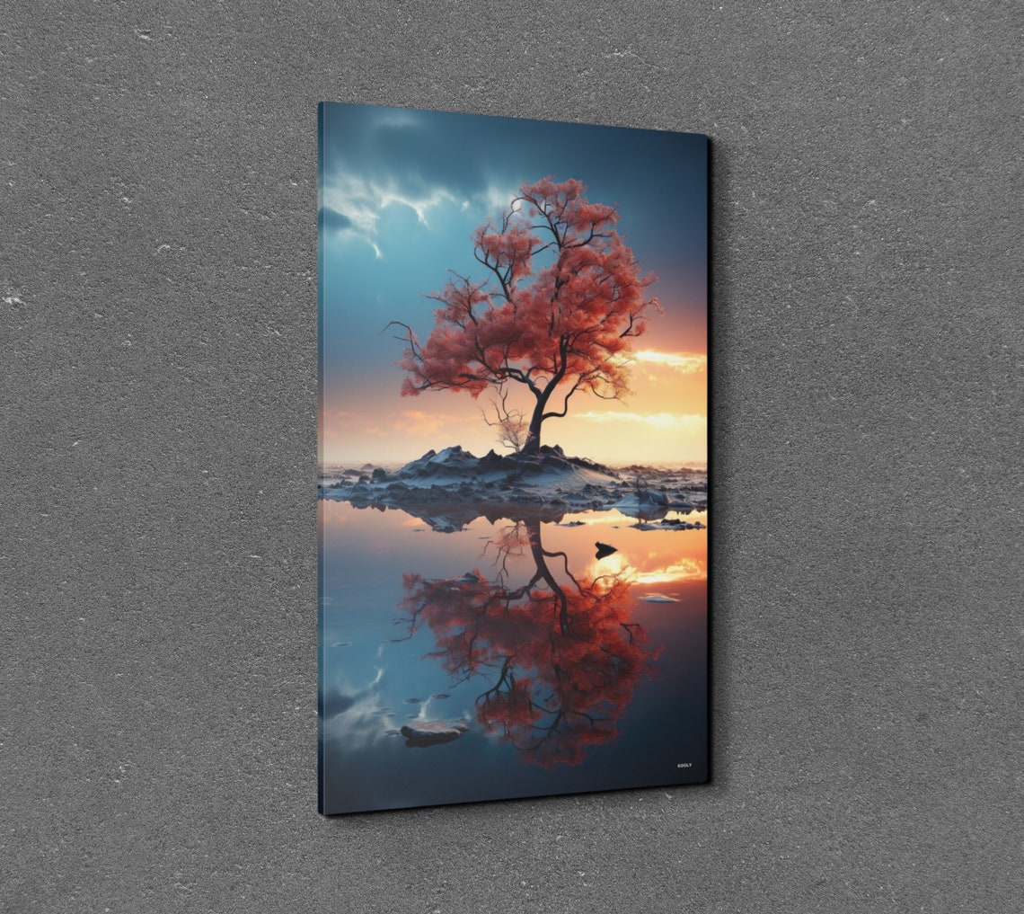 Red Tree Island Mirror Reflection Lake Sunset Serene Art Poster - Image 7