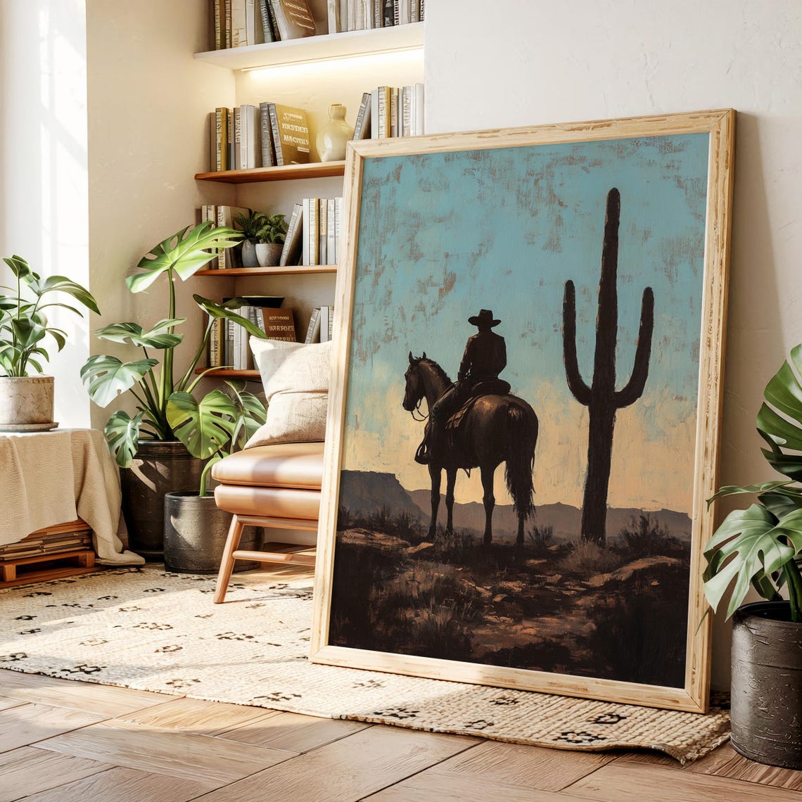 Cowboy and Horse Beside Tall Saguaro Teal Sky Western Poster