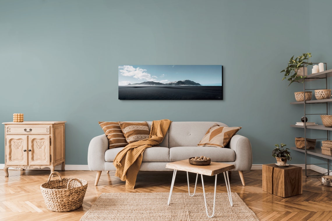Minimal Black Sand Beach Stretching Toward Distant Mountains Poster - Image 6