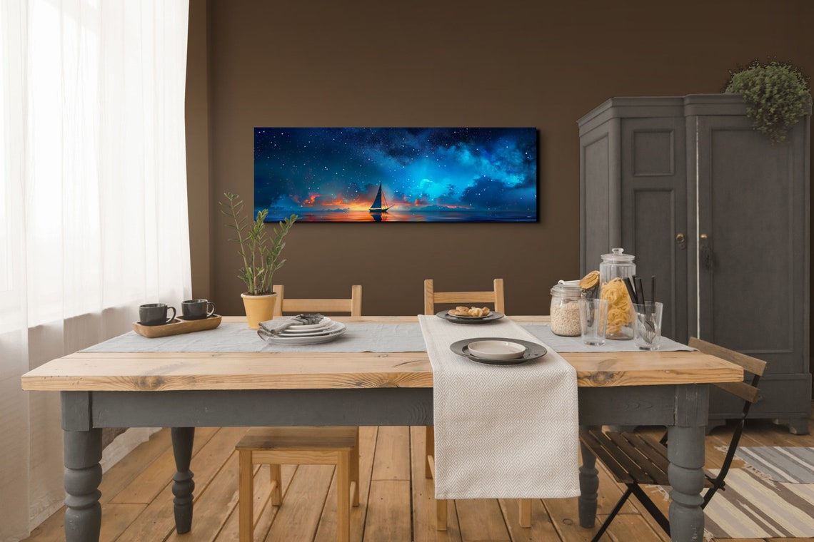 Starry Night Sailboat on Glowing Ocean Sunset Panoramic Poster - Image 6