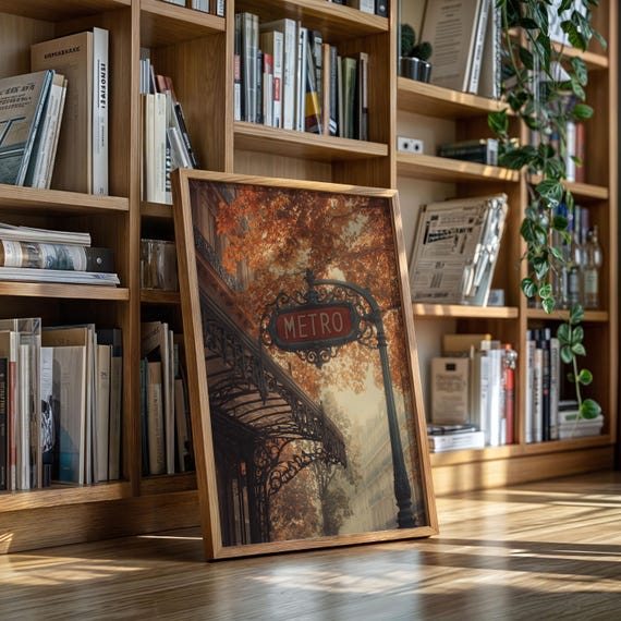 Paris Metro Sign Canvas Wall Art Vintage French Architecture Print Autumn Leaves Parisian Cityscape Retro Travel Home Dcor