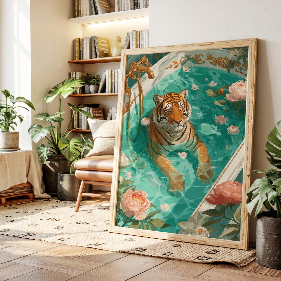 Elegant Tiger Relaxing In Floral Bathtub Whimsical Jungle Art Poster