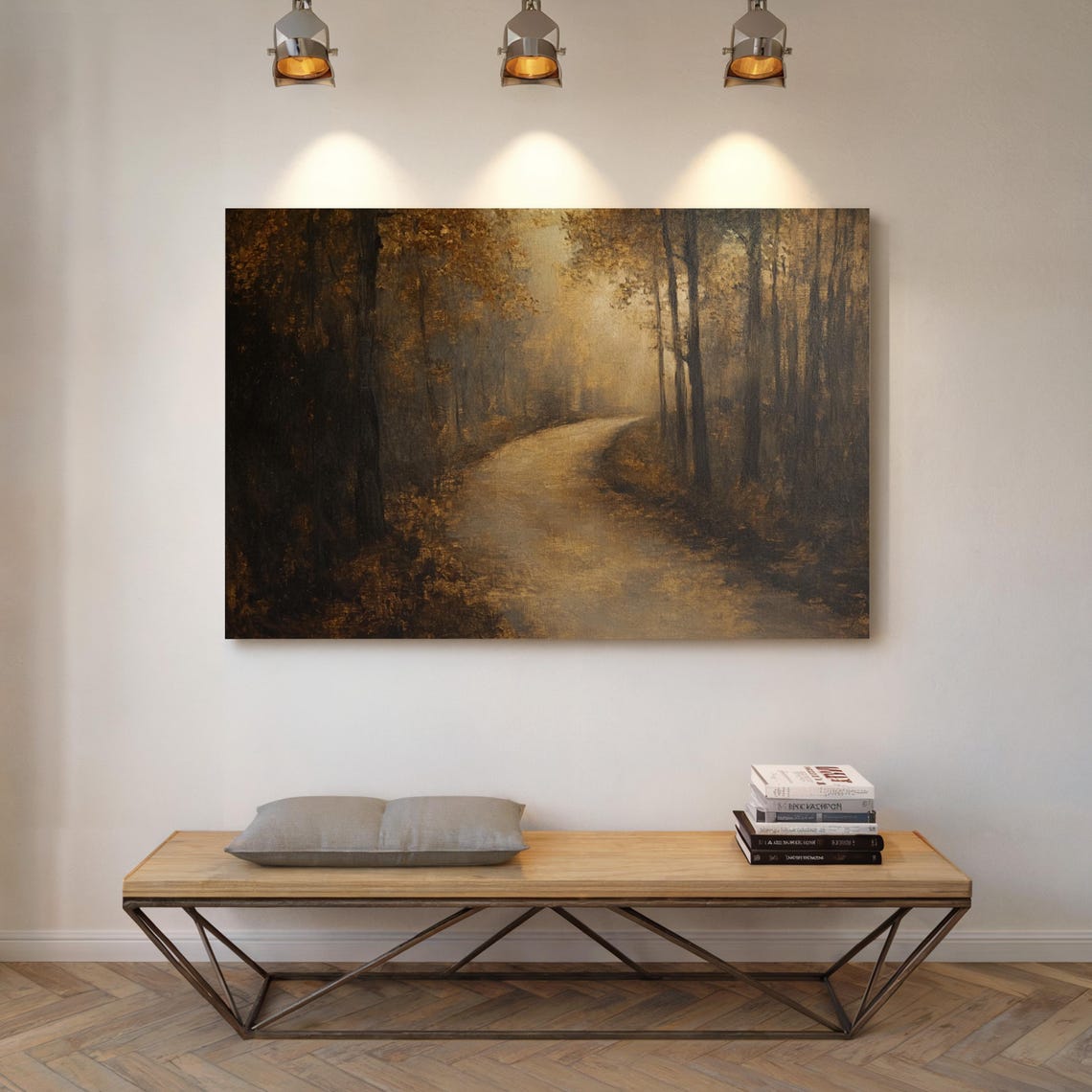 Rustic Dark Misty Forest Road With Golden Light Painting Wall Art - Image 4