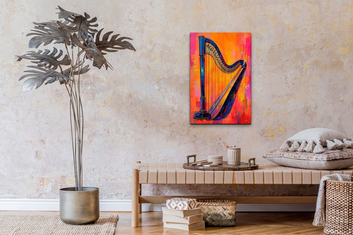 Pop Art Harp Blue Orange Modern Musical Instrument Decor Wall Art - Image 4