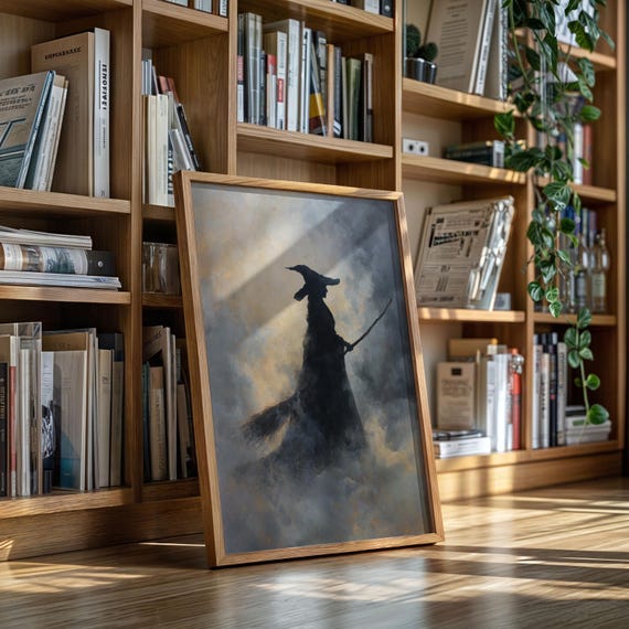 Witch Silhouette Wall Art Moody Halloween Painting With Broom And Misty Sky