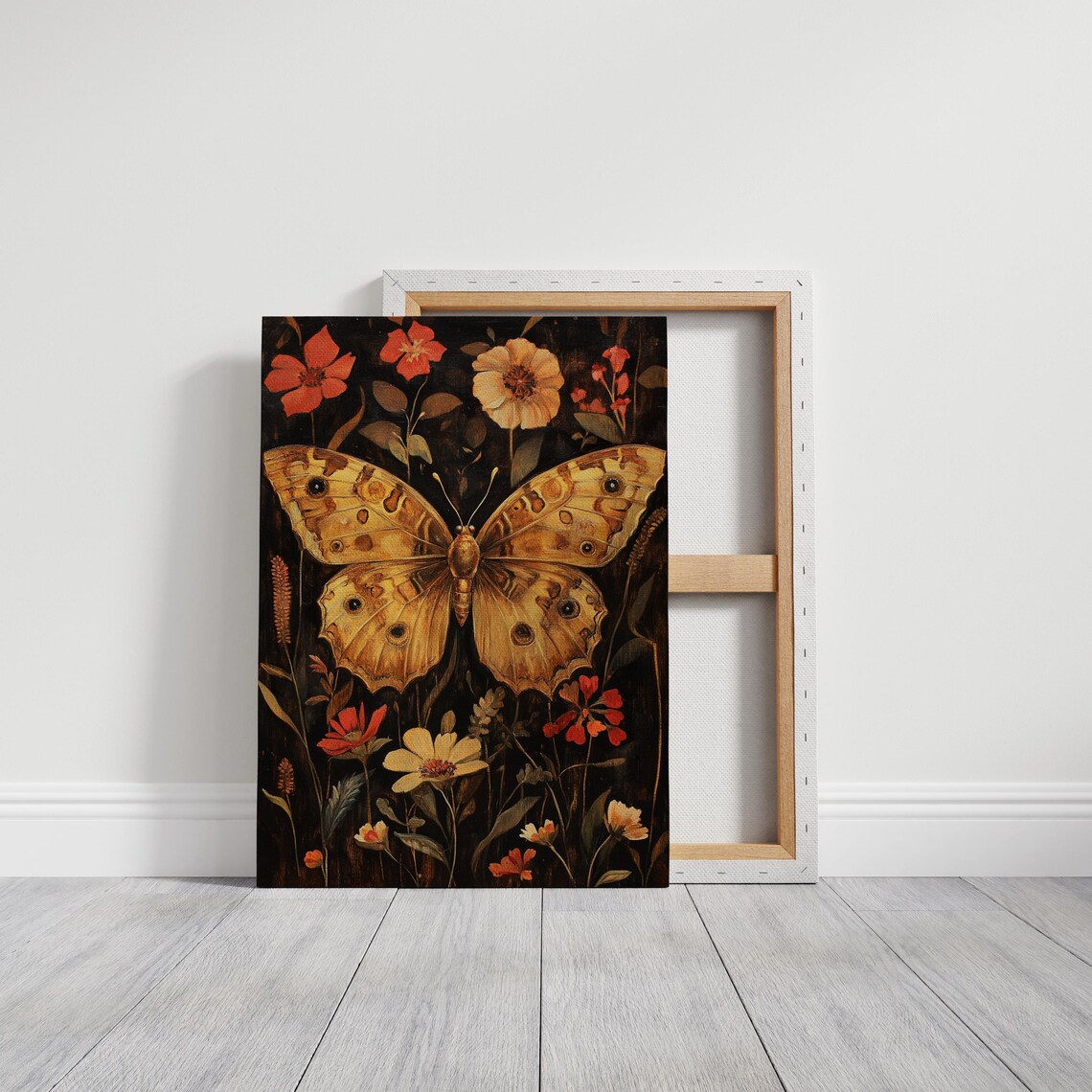 Vintage Golden Butterfly With Red Wildflowers Dark Floral Poster - Image 3