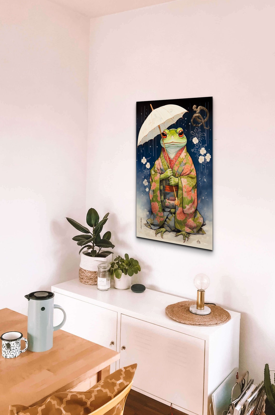 Japanese Frog In Kimono Holding Umbrella In The Rain Art Poster - Image 5