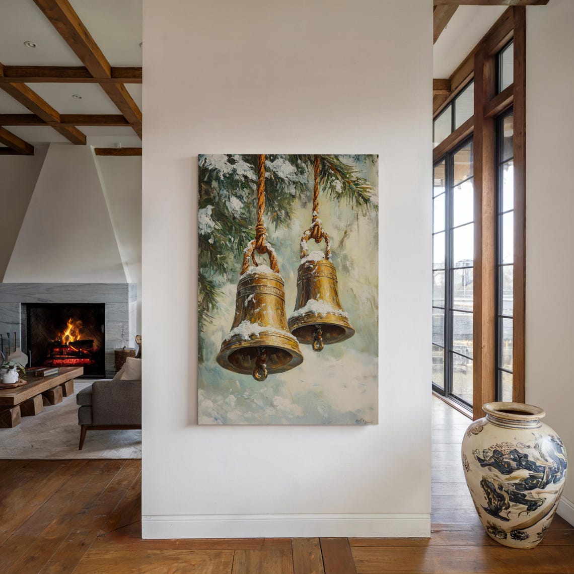 Golden Bells Hanging From Ropes Against Snowy Evergreens Art Print - Image 5