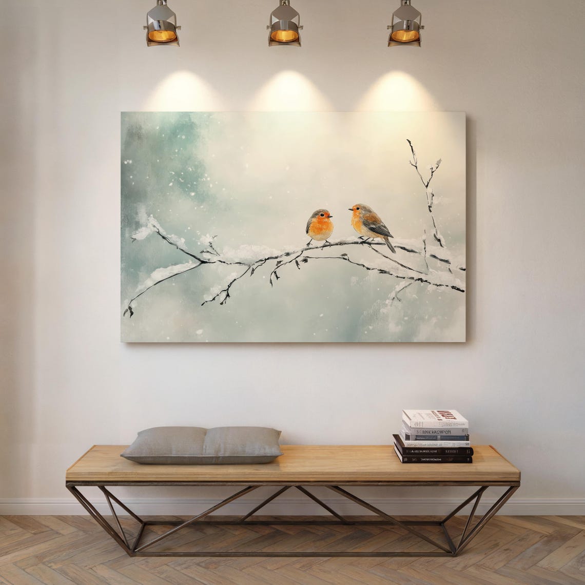 Two Robins On A Snowy Branch In Falling Snow Watercolor Winter Poster - Image 5
