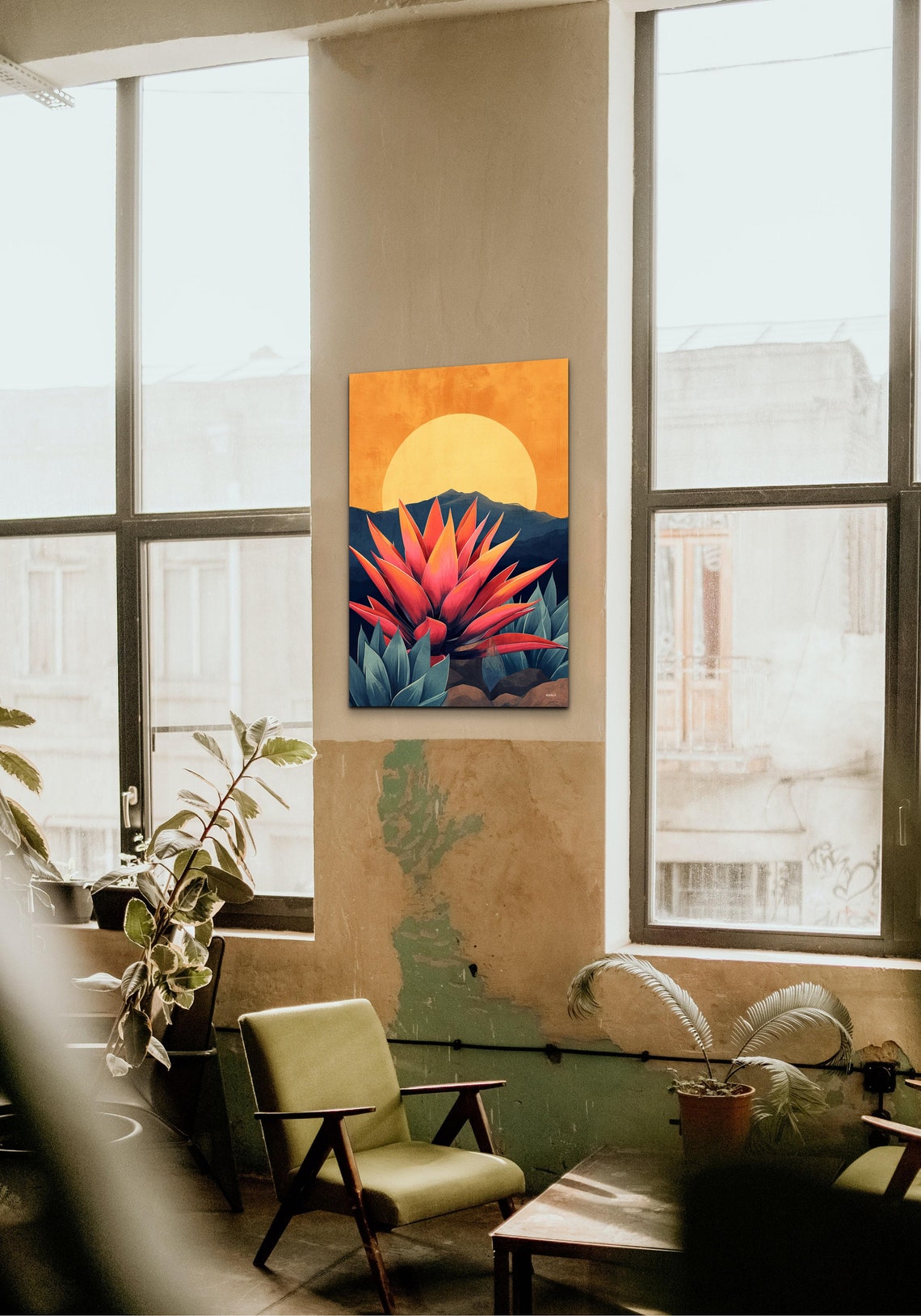 Red Agave Against Desert Sun Mid Century Modern Botanical Poster - Image 5