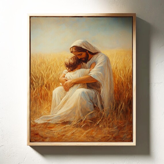 Jesus Kneeling to Embrace a Child in a Golden Wheat Field Poster