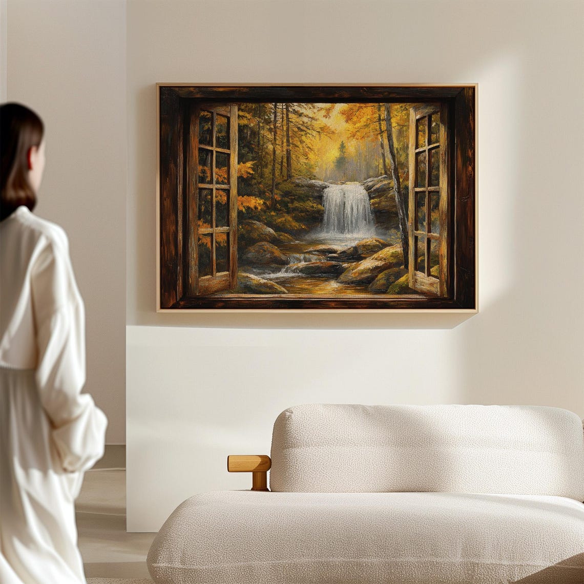 Open Rustic Window Autumn Waterfall Golden Forest View Wall Art - Image 4