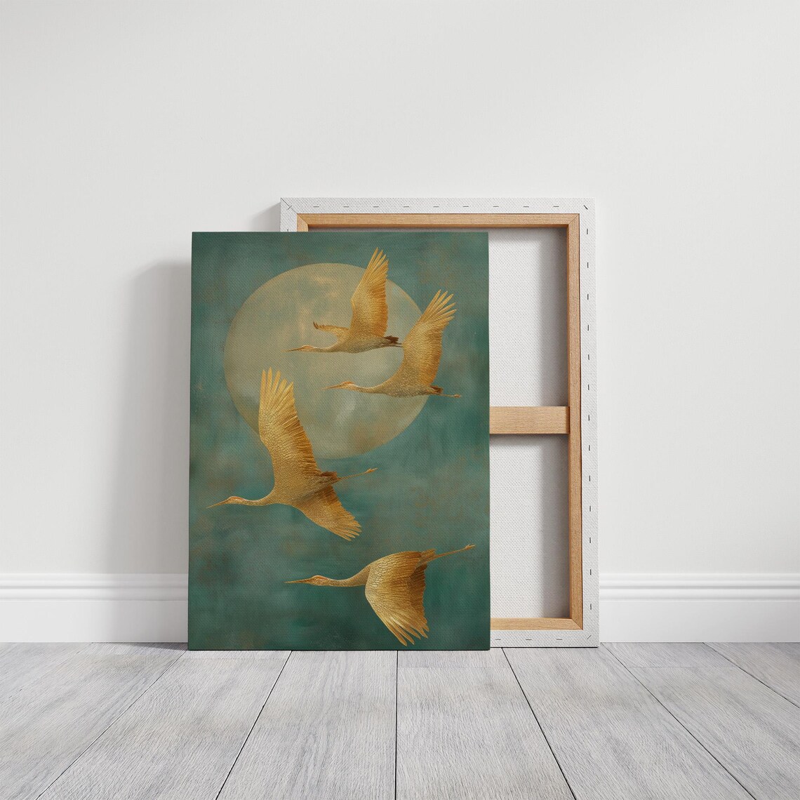 Golden Cranes Flying Across Teal Moonlight Art Print