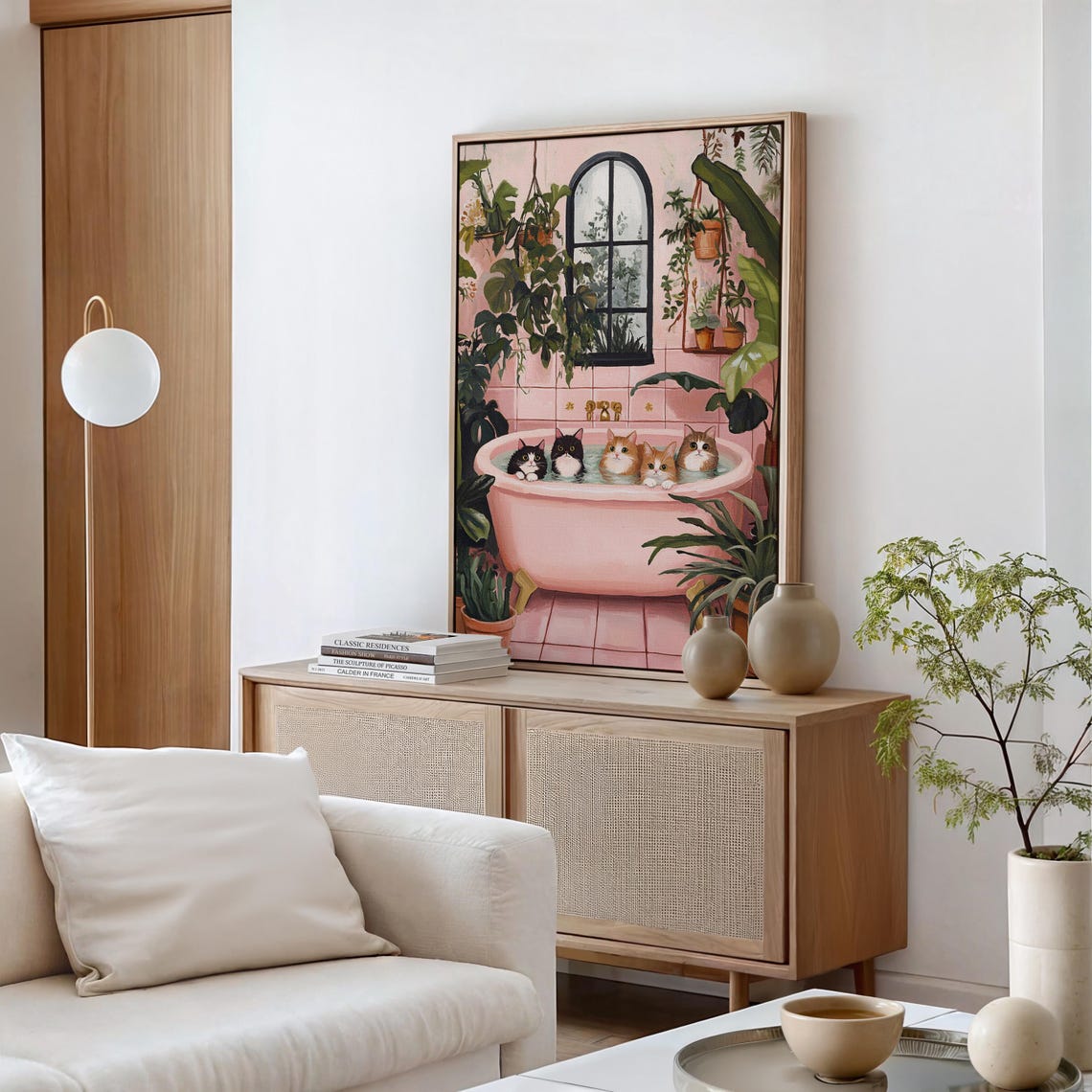 Five Cute Cats In Pink Bathtub Whimsical Bathroom Illustration Poster - Image 6