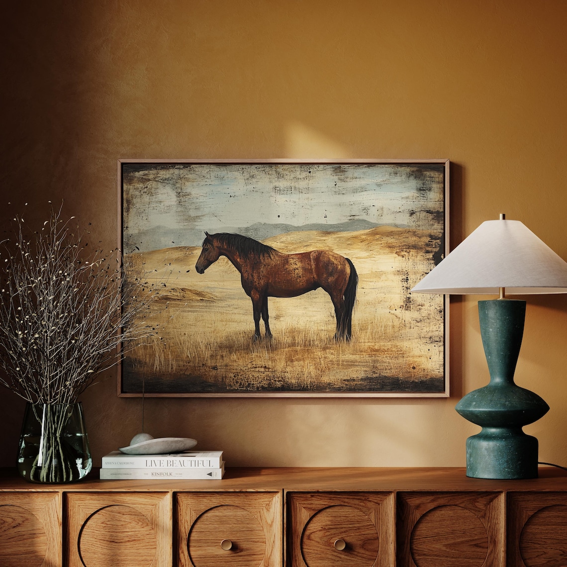 Distressed Vintage Painting of a Wild Horse on the Ranch Poster - Image 5