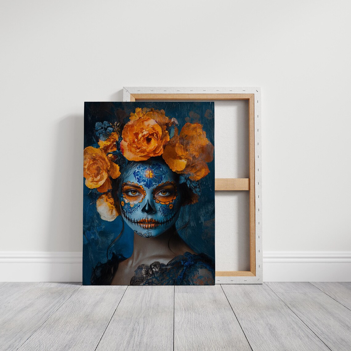 Blue Sugar Skull Orange Flowers Day Of The Dead Bold Portrait Poster - Image 6