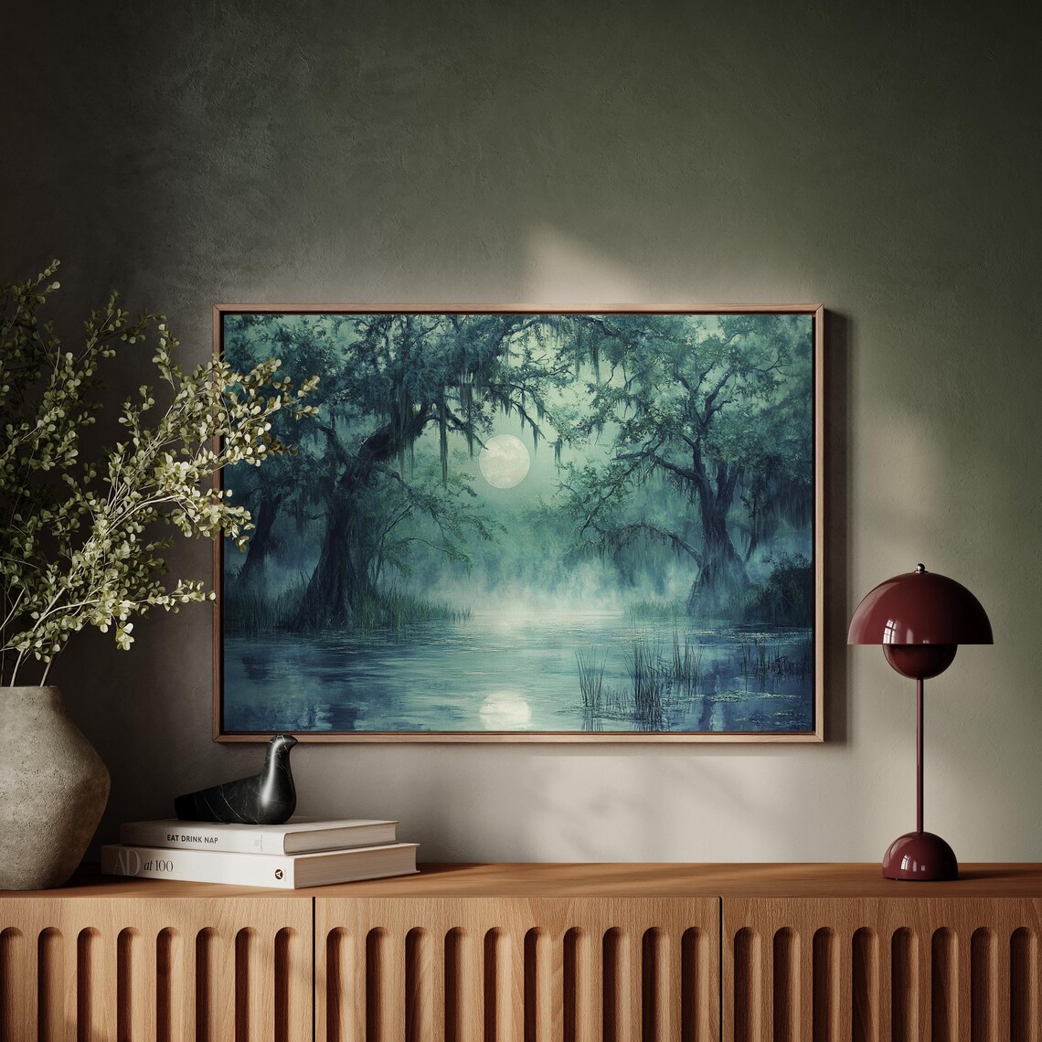 Mystical Moonlit Swamp Art Print, Forest Landscape