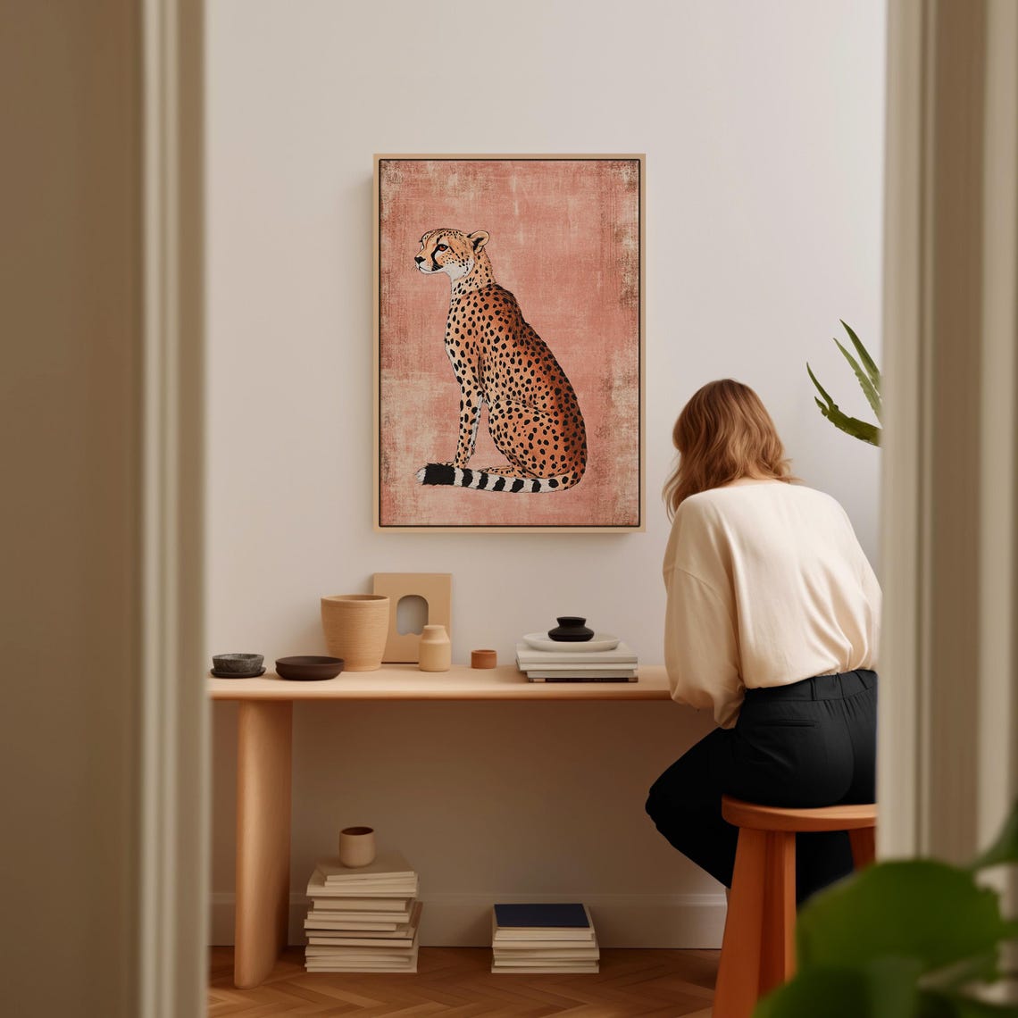 Graceful Cheetah Retro Wildlife Illustration Terracotta Poster - Image 4