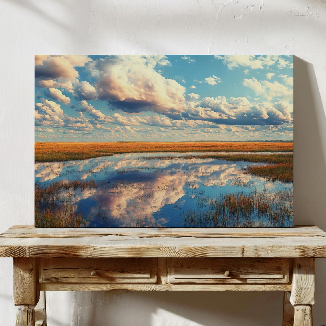 Reflective Wetlands Art Scenic Golden Marshland With Vibrant Clouds And Blue Sky Tranquil Nature Wall Decor - Image 4