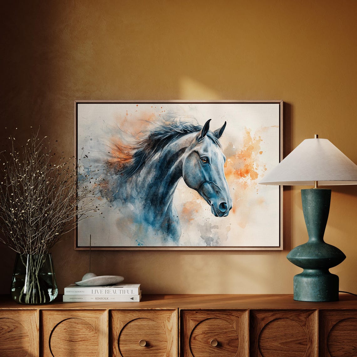 Wild Horse Head Watercolor Painting With Rust Orange Splash Poster - Image 3