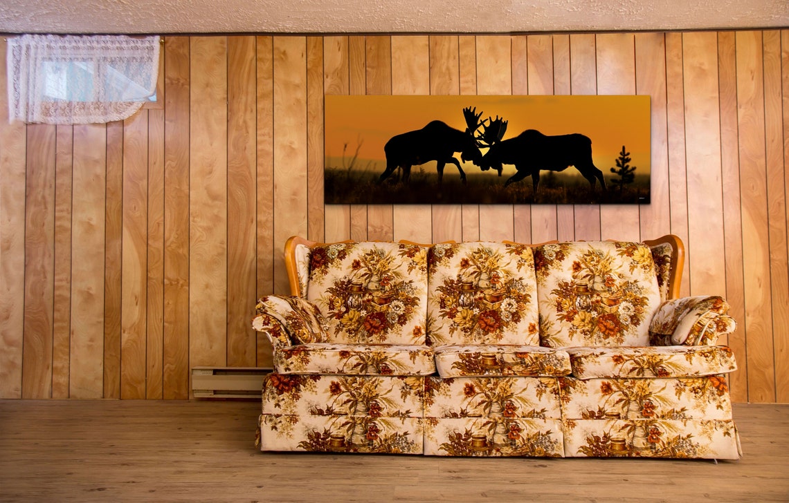 Clashing Moose at Sunset Wildlife Silhouette Panorama Wall Art - Image 3