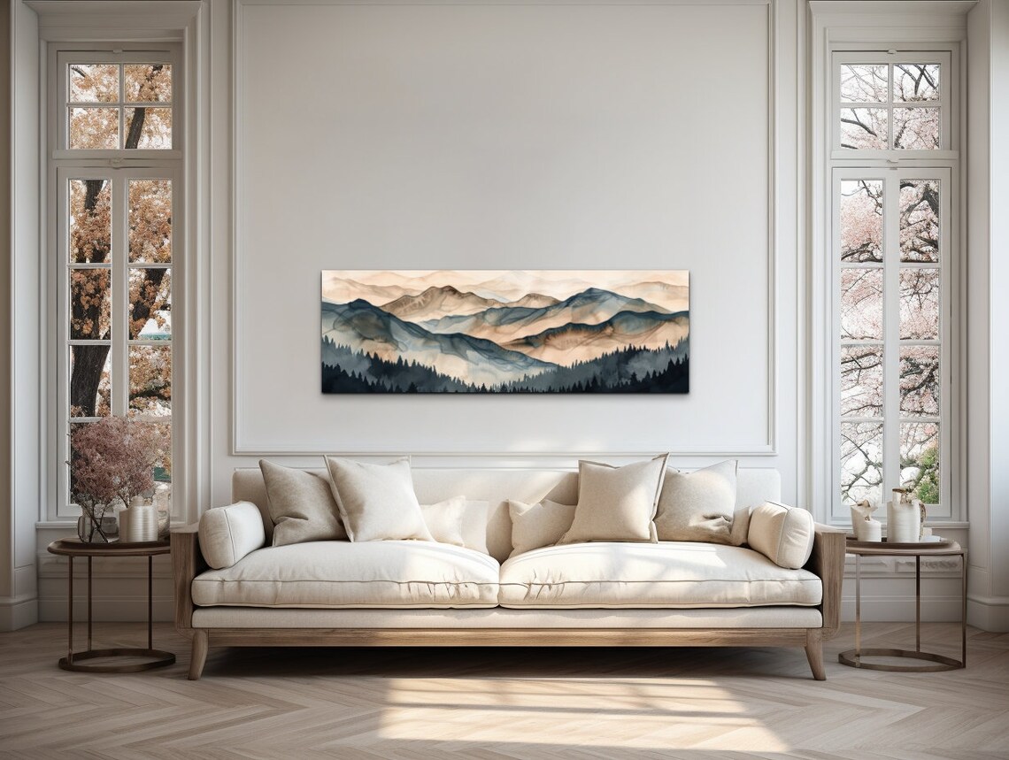 Geometric Smokey Tree Lined Mountain Range Art Print - Image 6
