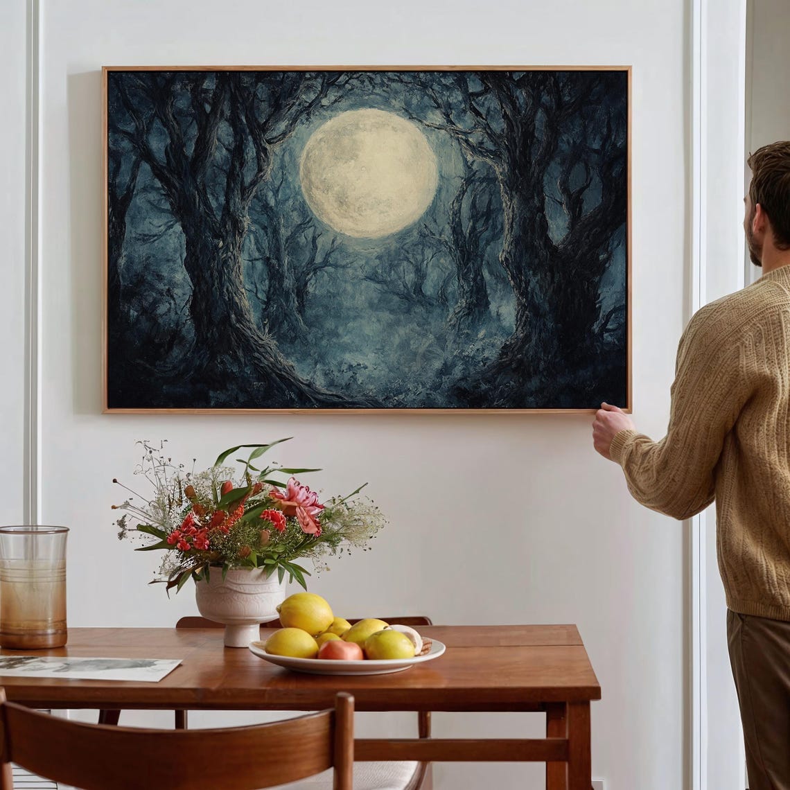 Full Moon Between Gnarled Trees Misty Night Forest Wall Poster