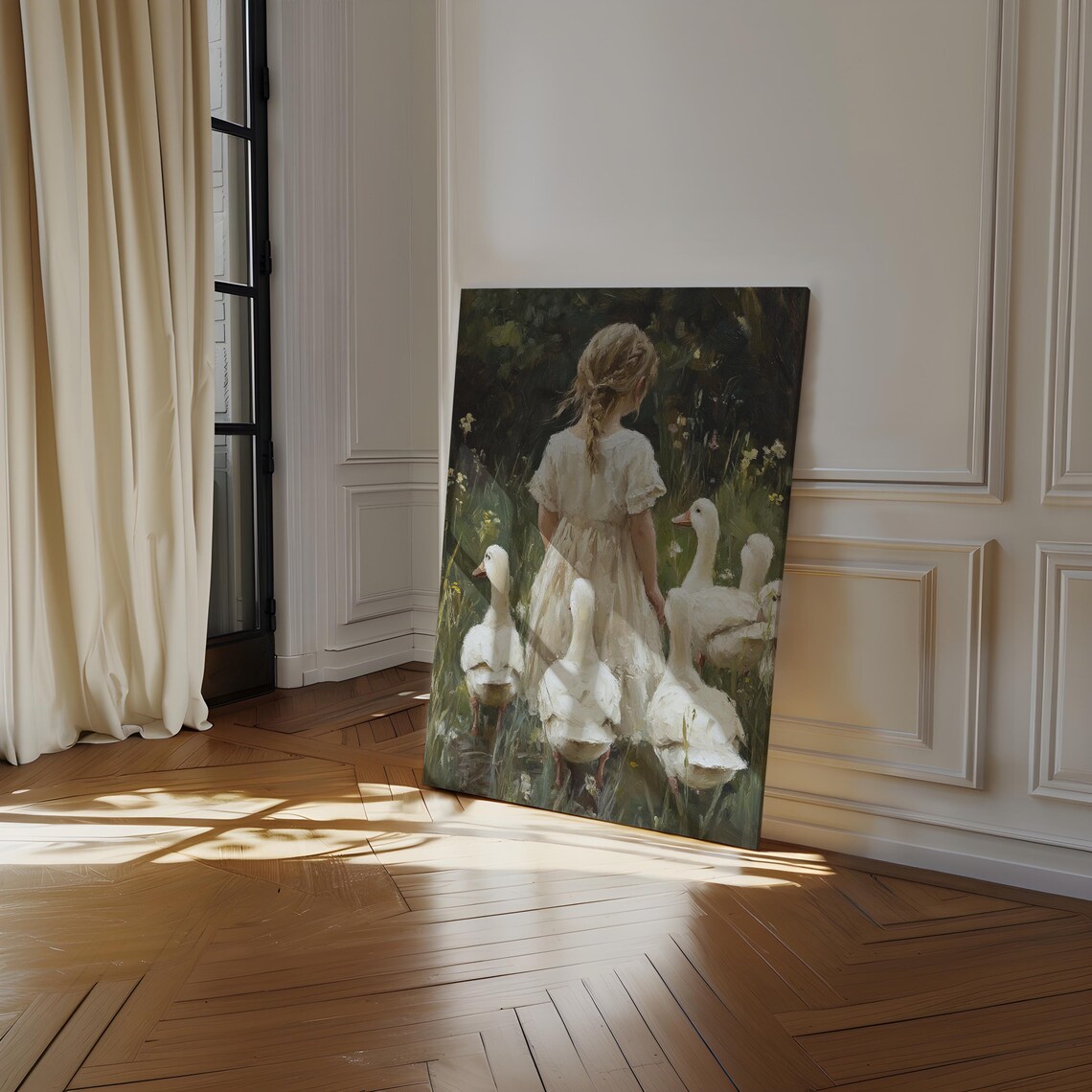 Little Girl in White Dress Walking With Five Geese in Meadow Poster - Image 3