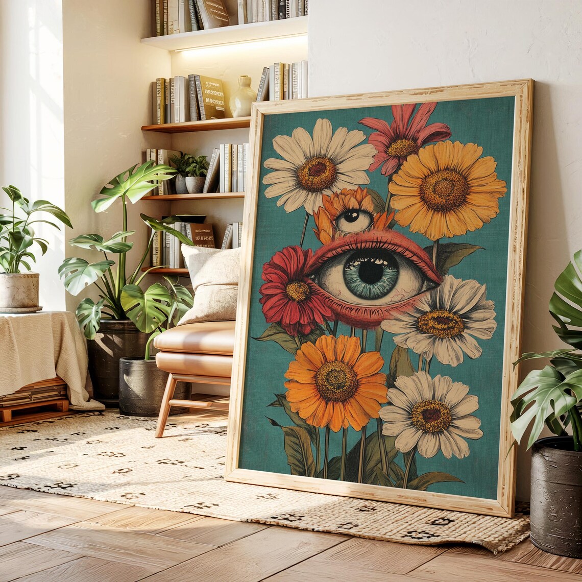 Surreal Giant Eye Among Colorful Daisies Trippy Floral Poster
