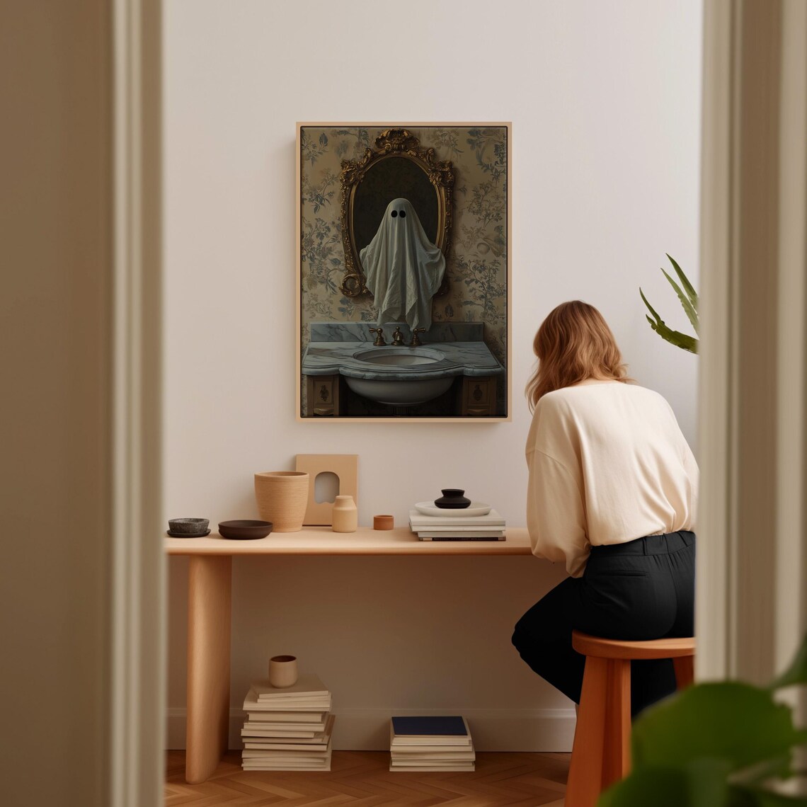 Sheet Ghost Emerging from Ornate Gold Mirror Above Marble Sink Art Poster - Image 3