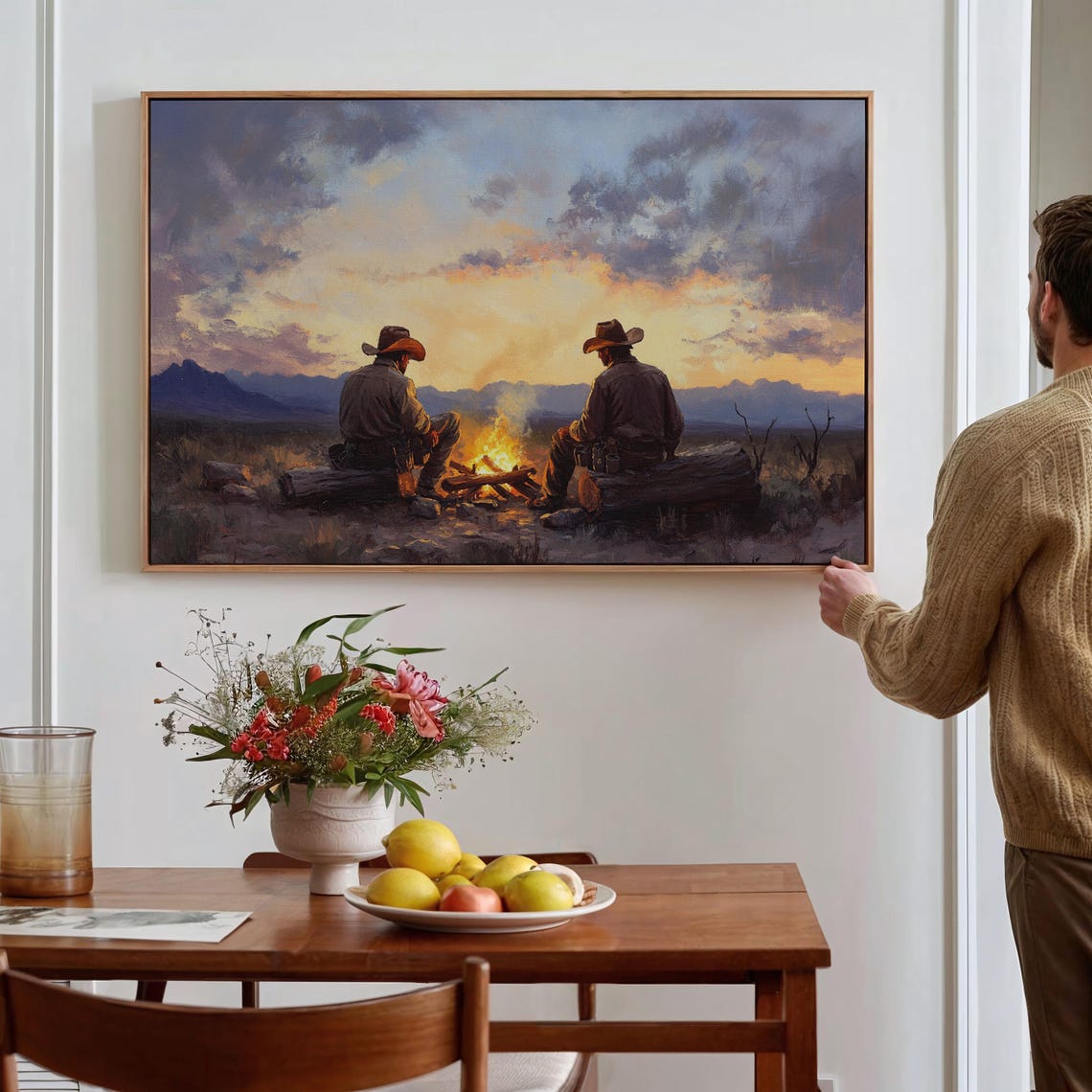 Cowboys Campfire Sunset Western Art Rustic Ranch Decor Wild West Painting Cowboy Wall Art Country Farmhouse Print - Image 2