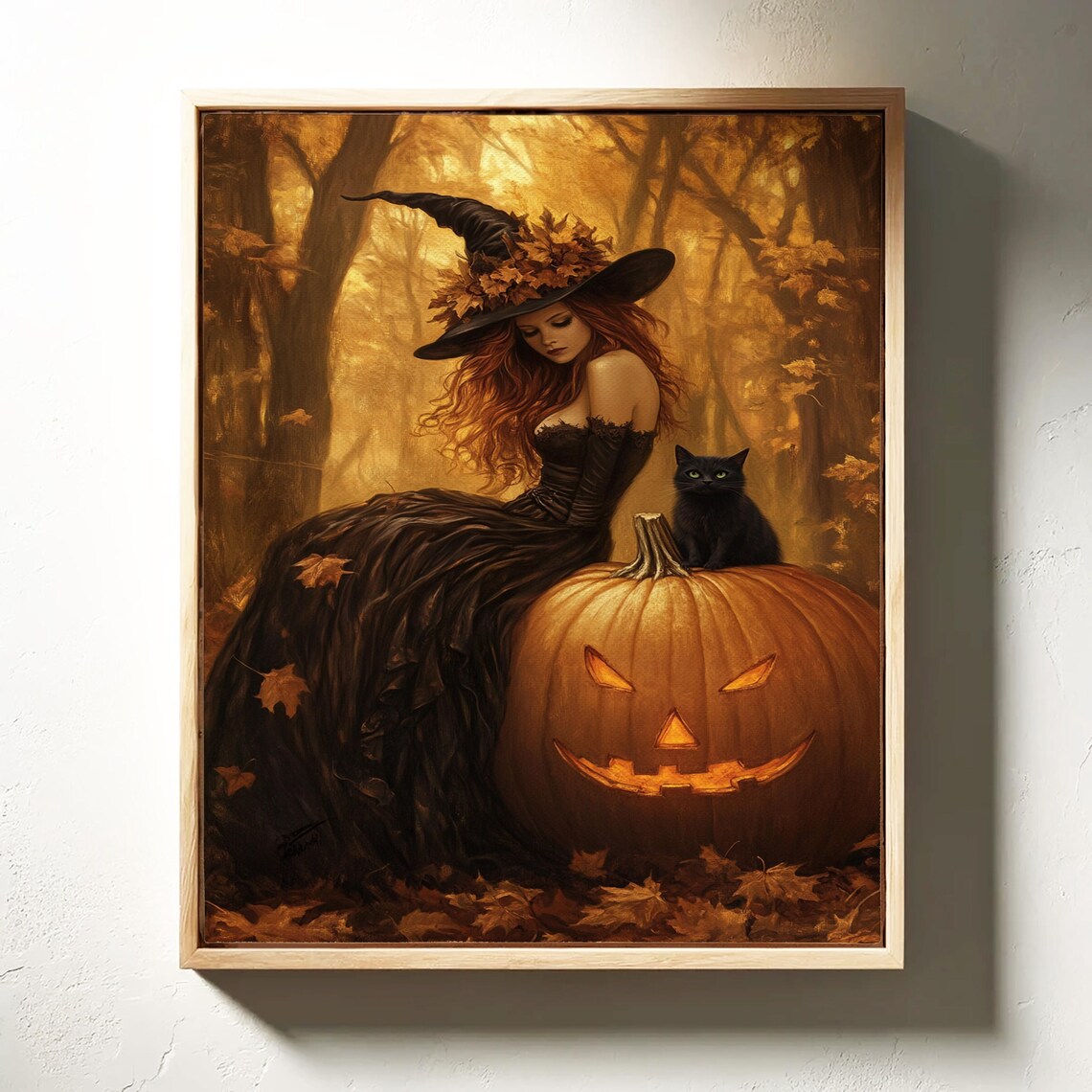 Enchanting Redhead Witch with Black Cat and Jack O Lantern Autumn Poster - Image 3
