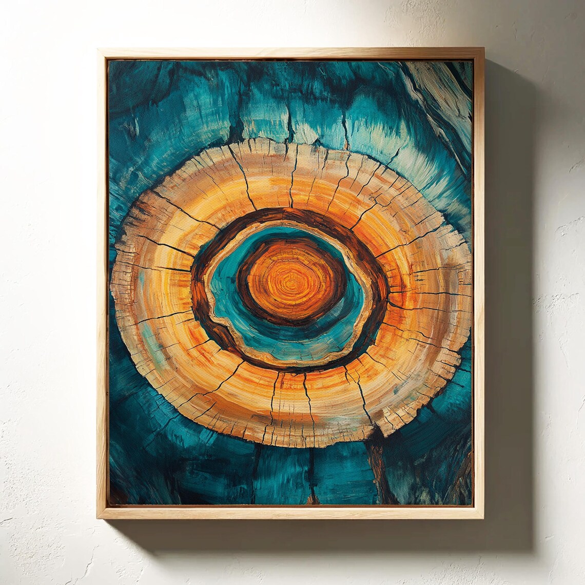 Teal And Orange Tree Ring Abstract Art Print - Image 3