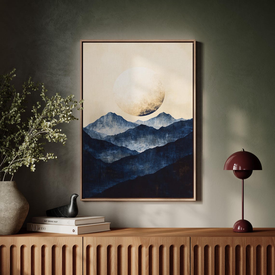 Minimalist Blue Mountain Wall Art Full Moon Landscape Serene Nature Print For Modern Home Decor - Image 4