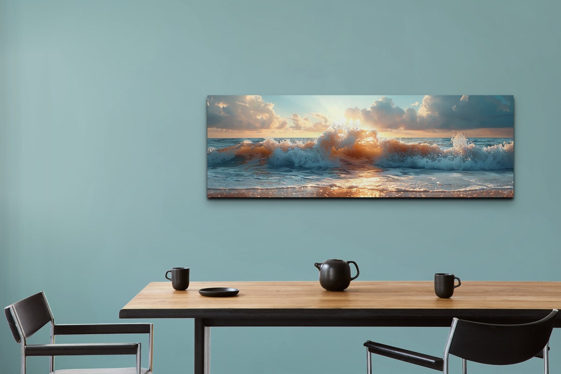 Golden Ocean Waves Breaking Sunset Surf Dramatic Seascape Wall Art - Image 5