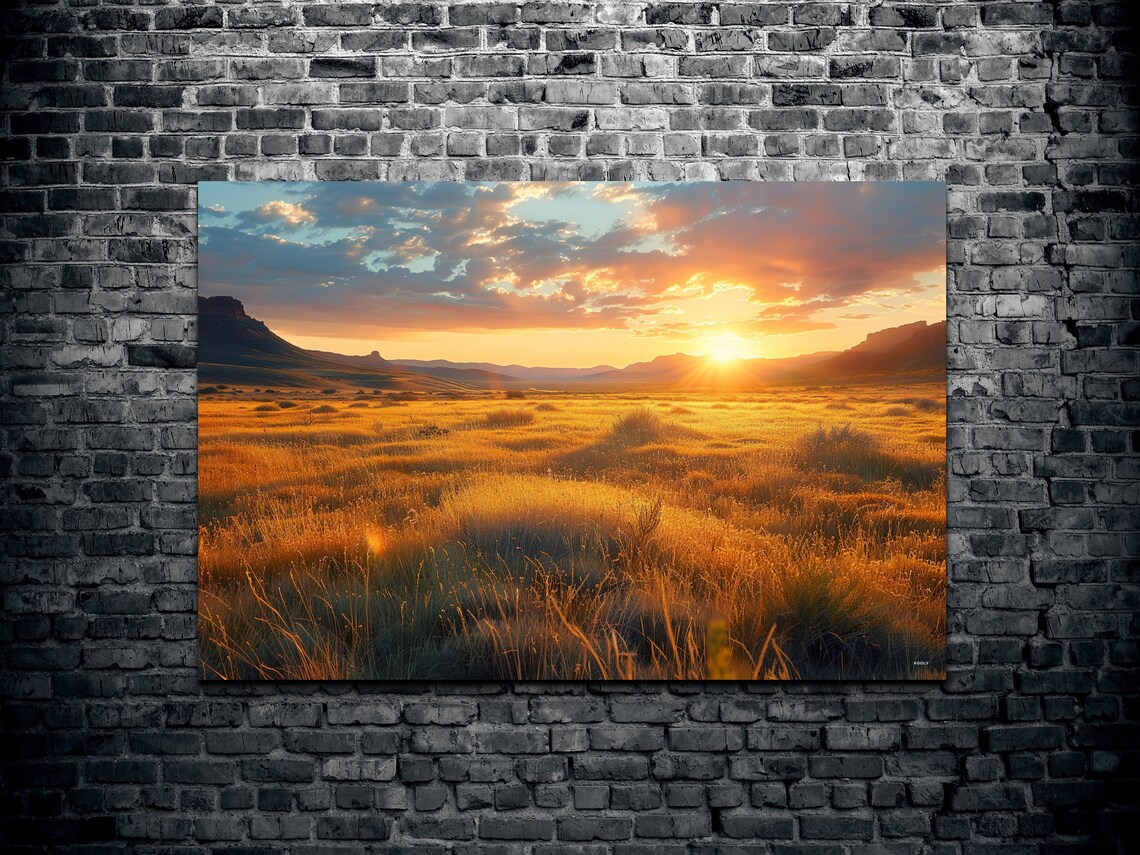 Golden Prairie Sunset Over Grassland Hills Horizon Painting Wall Art - Image 2