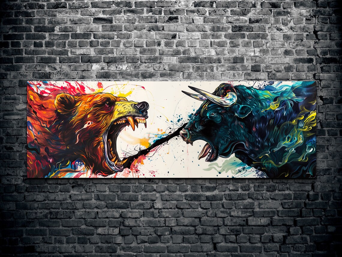 Roaring Bull And Bear Face Off Abstract Stock Market Splash Art Poster - Image 2