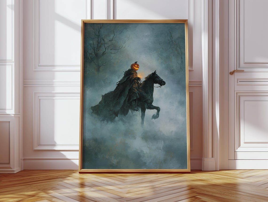Headless Horseman Pumpkin Head Misty Night Gothic Legend Poster
