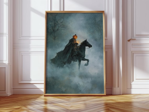 Headless Horseman Pumpkin Head Misty Night Gothic Legend Poster