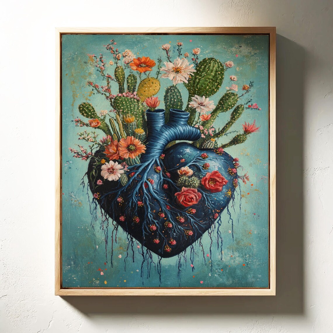 Cactus Heart Art With Blooming Flowers, Botanical - Image 3