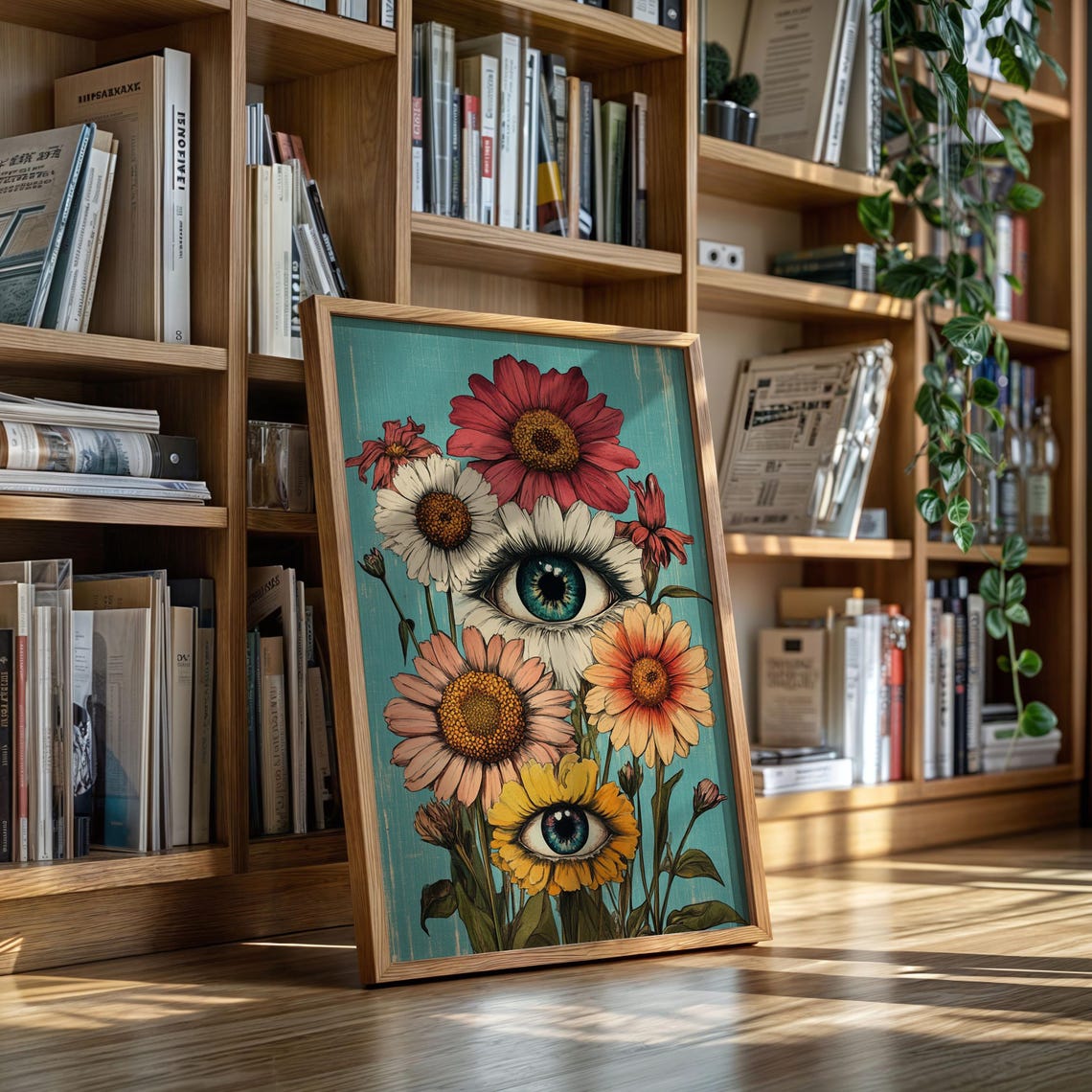 Surreal Blue Eye Blooming In White Flower Trippy Botanical Wall Art