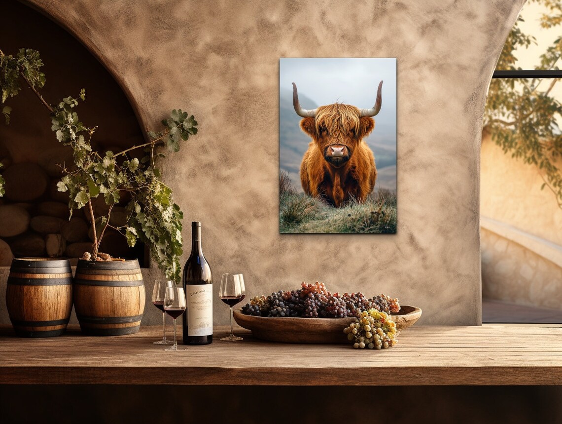 Highland Cow Shaggy Brown Portrait Misty Scottish Farm Wall Art - Image 6