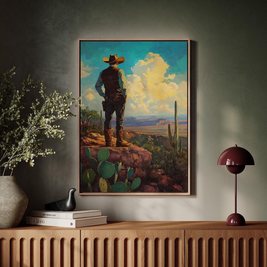 Lone Cowboy Overlooking A Desert Canyon From Rocky Cliff Poster