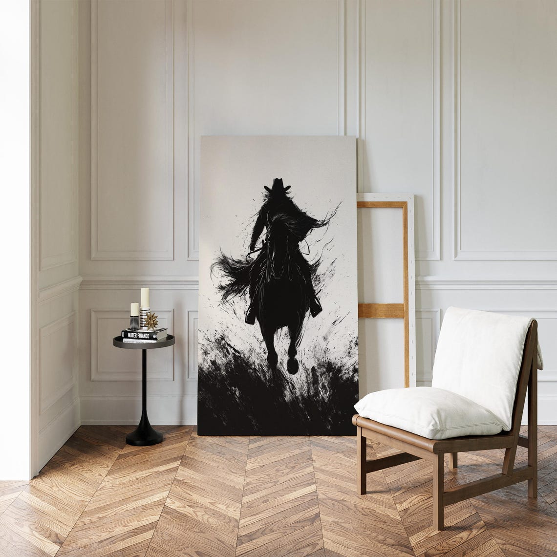 Lone Cowboy Silhouette On Horseback Black Ink Western Poster - Image 5