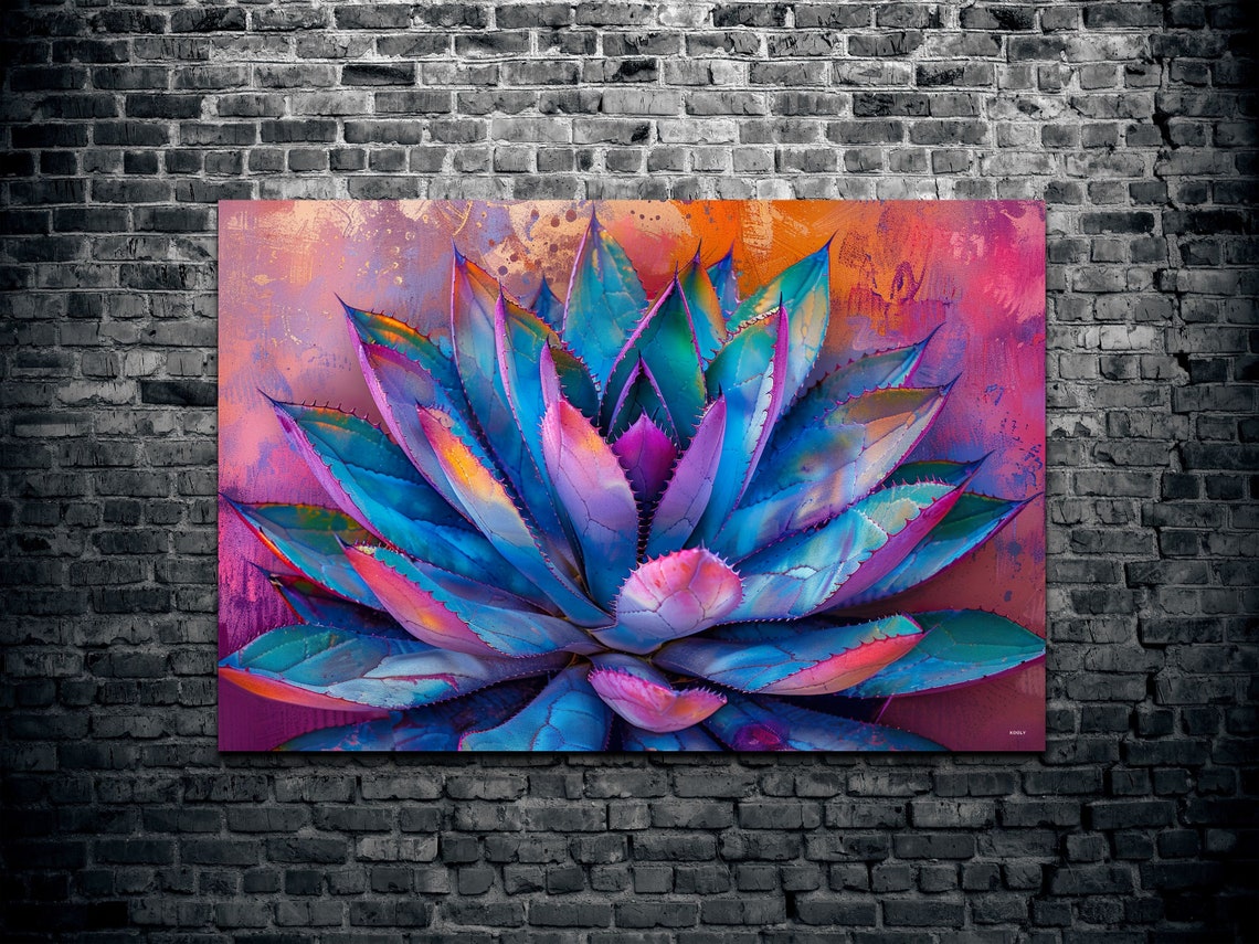 Vibrant Neon Blue Agave Succulent With Purple Pink Tones Wall Art - Image 2